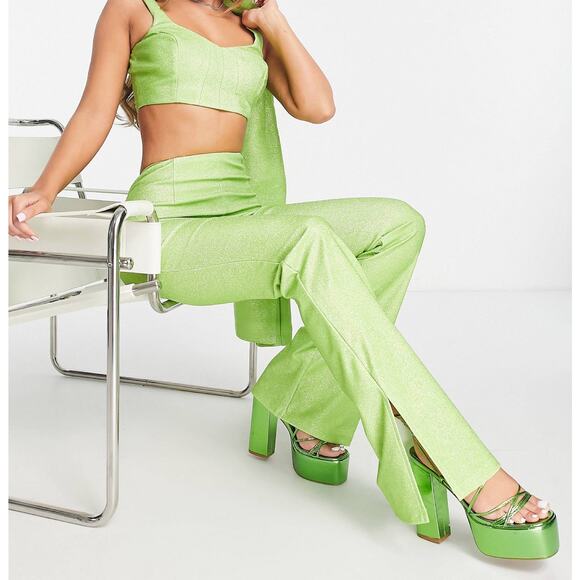 ASOS Lime Green Sparkly Flared Leg Pants Size 8 Y2k - Picture 9 of 12
